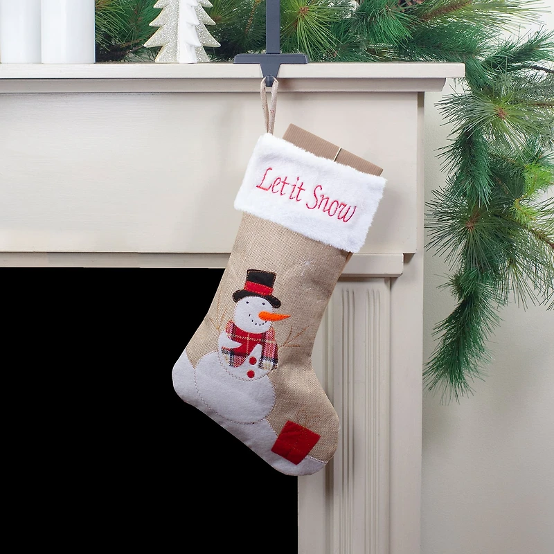 Northlight 19" Beige And Red Burlap Let It Snow Snowman Christmas Stocking