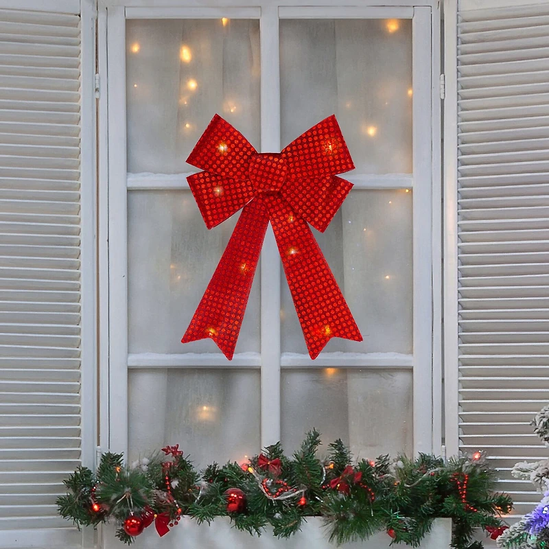 Northlight 17.5in Led Lighted Red Sequin Bow Christmas Decoration Indoor Ribbon