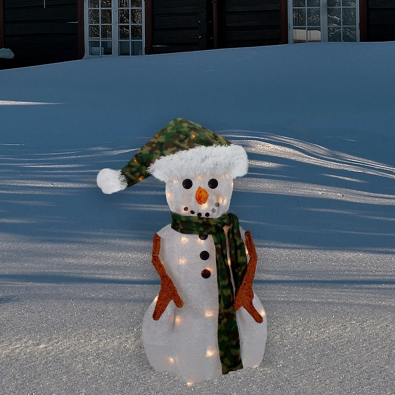 Northlight 24in Lighted White And Green Chenille Snowman Christmas Yard Art