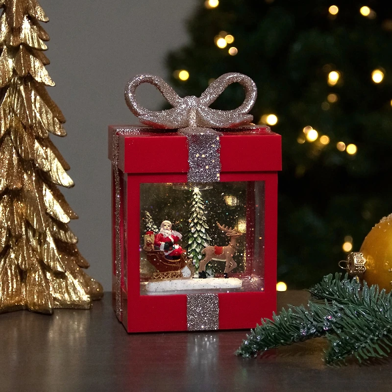 Northlight 7in Red Gift Box With Reindeer Santa Christmas Snow Globe