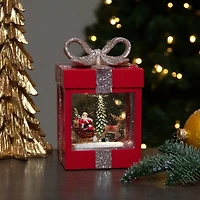 Northlight 7in Red Gift Box With Reindeer Santa Christmas Snow Globe