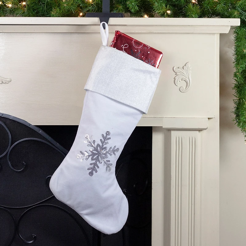 Northlight 20in White With Silver Sequin Snowflake Christmas Stocking