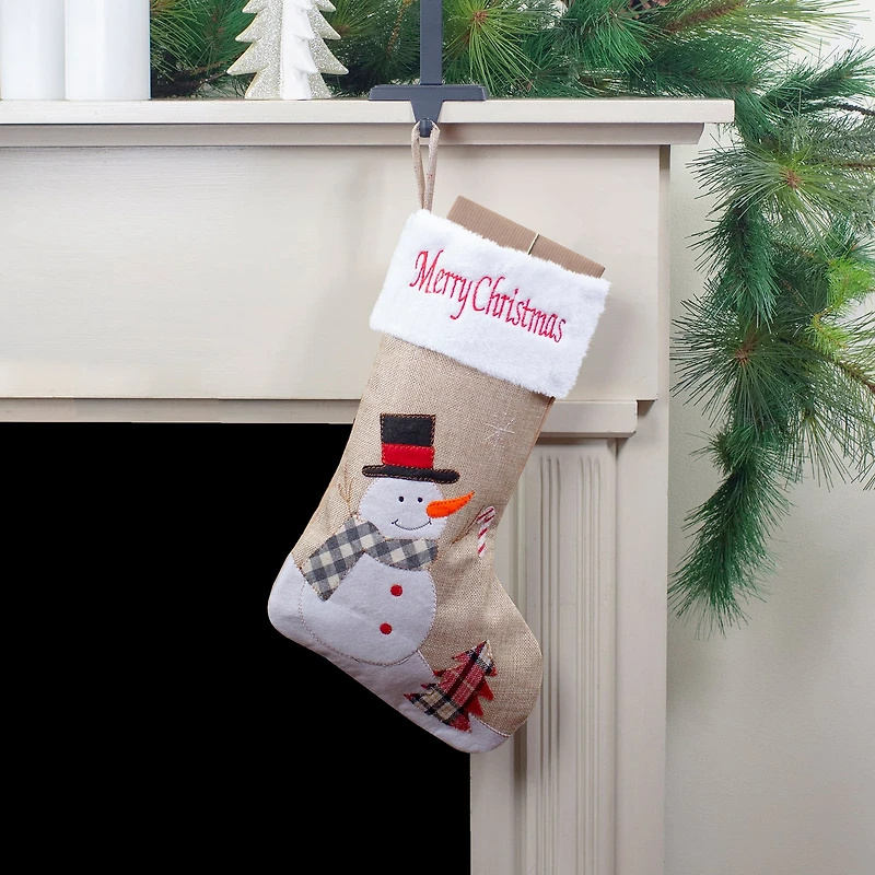 Northlight 19: Beige And Red Burlap Merry Snowman Christmas Stocking