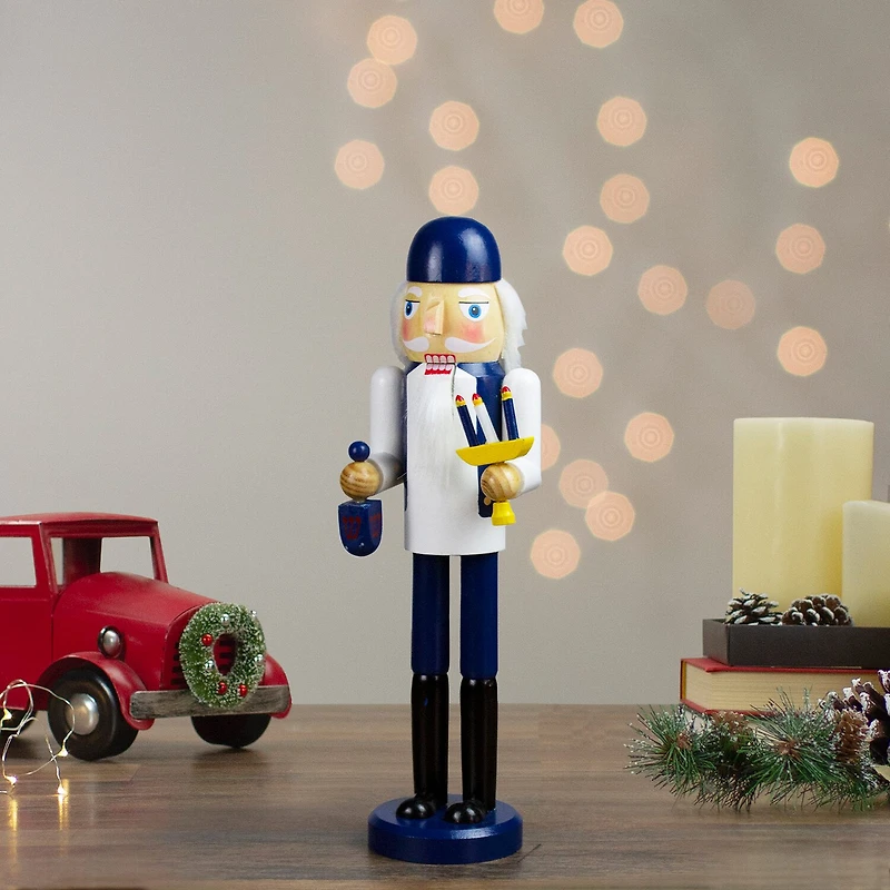 Northlight 14in Blue And White Wooden Hanukkah With Menorah And Dreidel Christmas Nutcracker