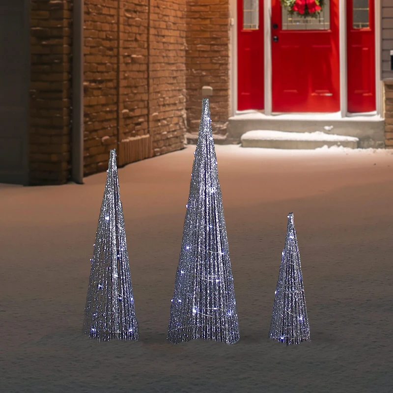 Northlight Set Of 3 Led Lighted Silver Glitter Cone Tree 23.5in Christmas Yard Art