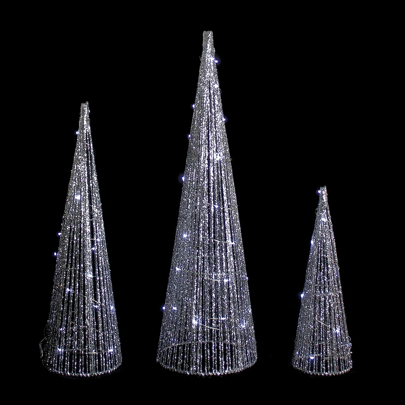 Northlight Set Of 3 Led Lighted Silver Glitter Cone Tree 23.5in Christmas Yard Art