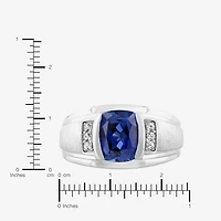 Mens Sterling Silver Lab Created Cushion Cut Blue Sapphire Ring