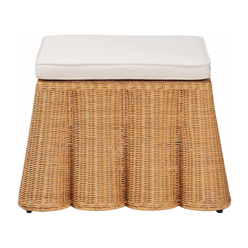 Palm Scalloped Rattan Ottoman in Light Honey with Removable Cushion