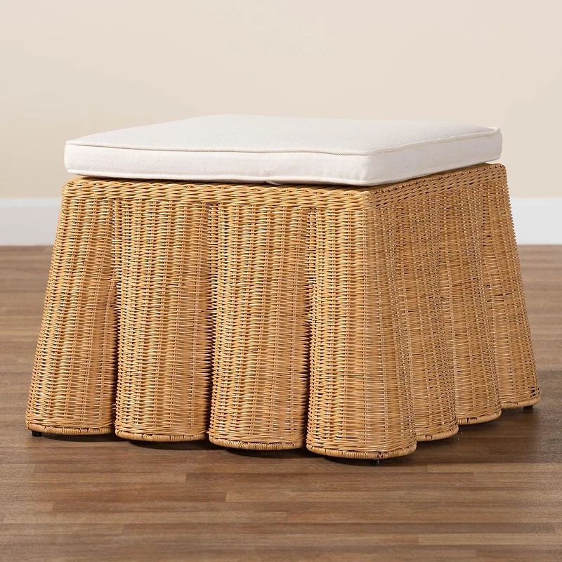 Palm Scalloped Rattan Ottoman in Light Honey with Removable Cushion
