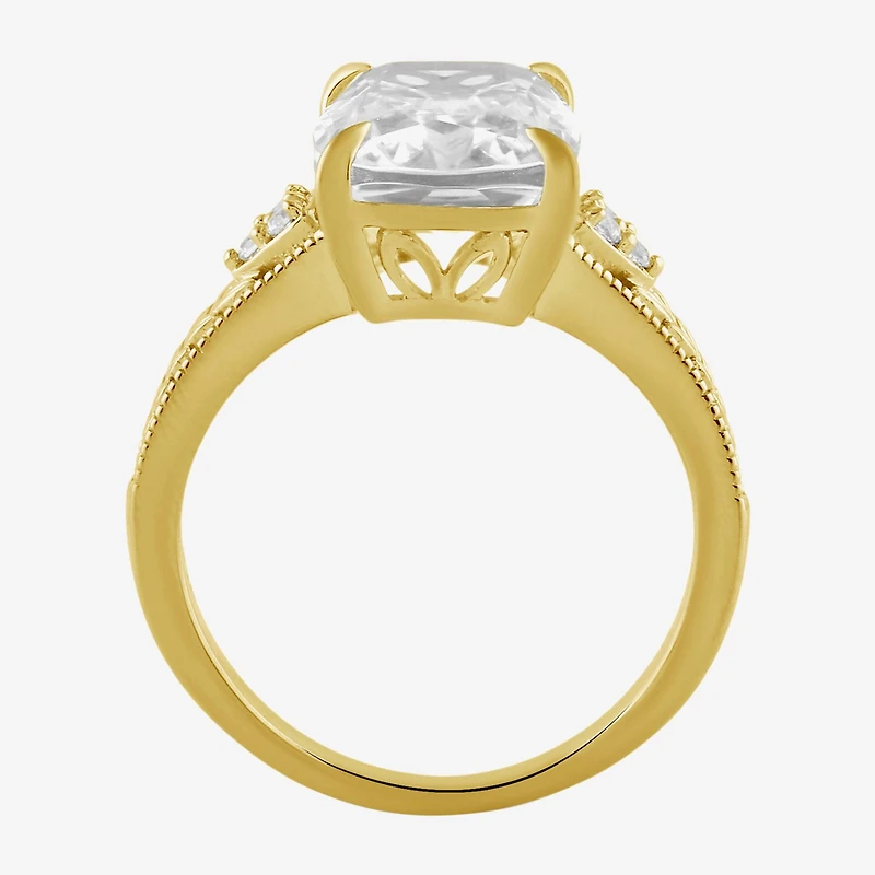 Womens Lab Created White Sapphire 14K Gold Over Silver Cushion Side Stone Cocktail Ring