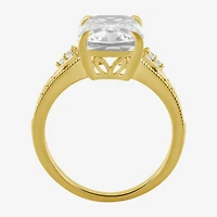 Womens Lab Created White Sapphire 14K Gold Over Silver Cushion Side Stone Cocktail Ring