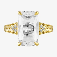 Womens Lab Created White Sapphire 14K Gold Over Silver Cushion Side Stone Cocktail Ring