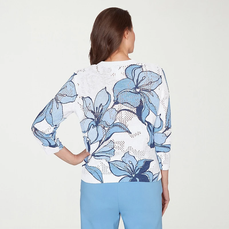 Alfred Dunner St Augustine Womens Crew Neck 3/4 Sleeve Floral Pullover Sweater