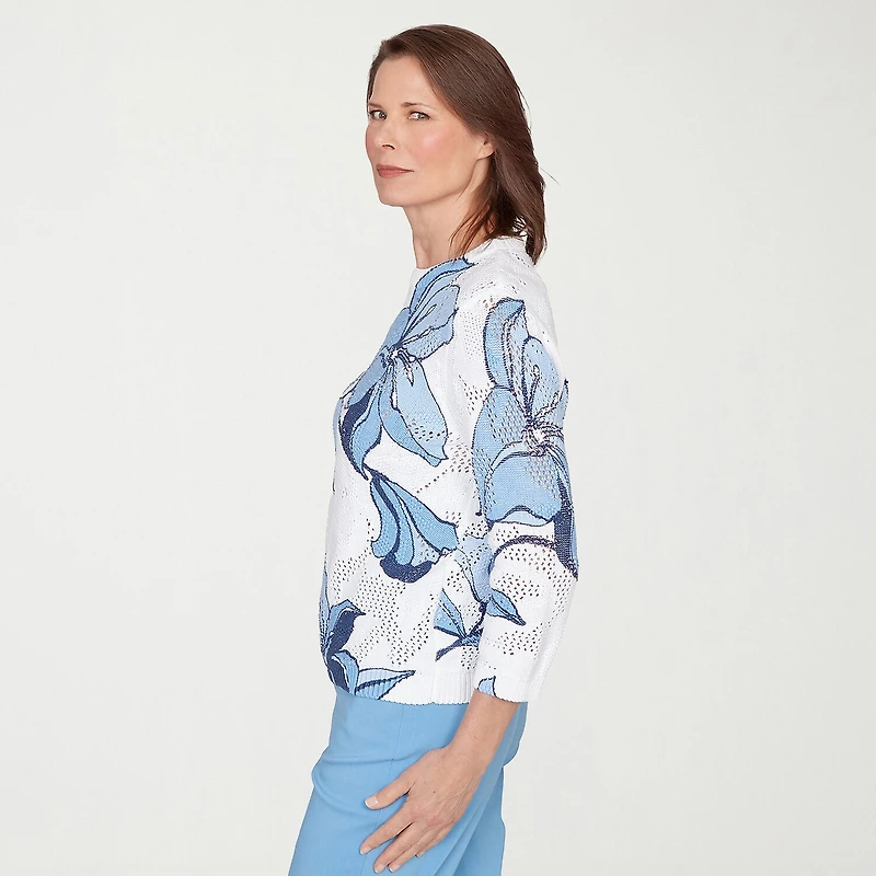 Alfred Dunner St Augustine Womens Crew Neck 3/4 Sleeve Floral Pullover Sweater
