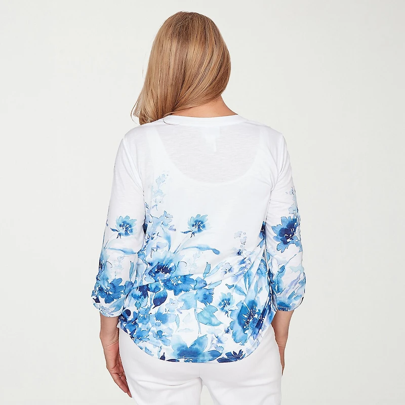 Alfred Dunner Mykonos Womens Y Neck 3/4 Sleeve T-Shirt