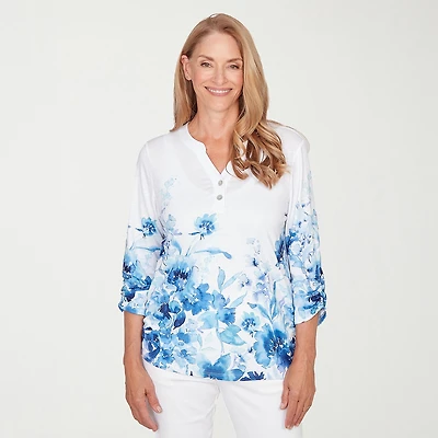 Alfred Dunner Mykonos Womens Y Neck 3/4 Sleeve T-Shirt
