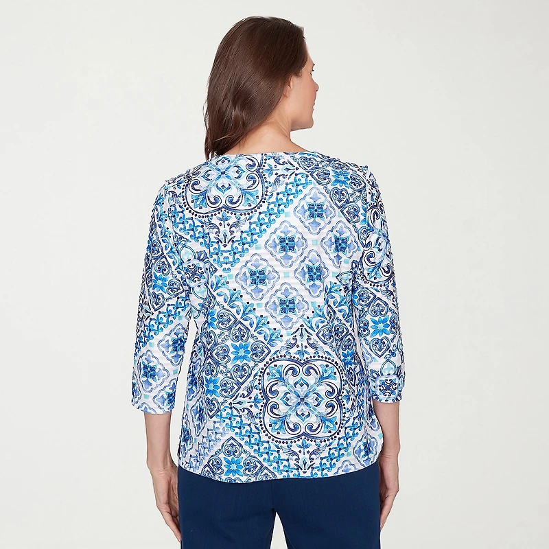 Alfred Dunner Mykonos Womens V Neck 3/4 Sleeve T-Shirt
