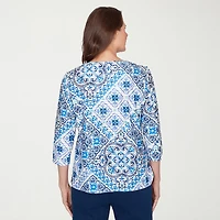 Alfred Dunner Mykonos Womens V Neck 3/4 Sleeve T-Shirt
