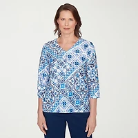 Alfred Dunner Mykonos Womens V Neck 3/4 Sleeve T-Shirt