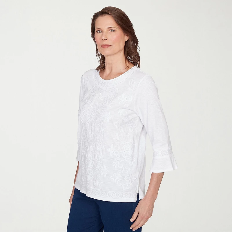 Alfred Dunner Mykonos Womens Crew Neck 3/4 Sleeve T-Shirt