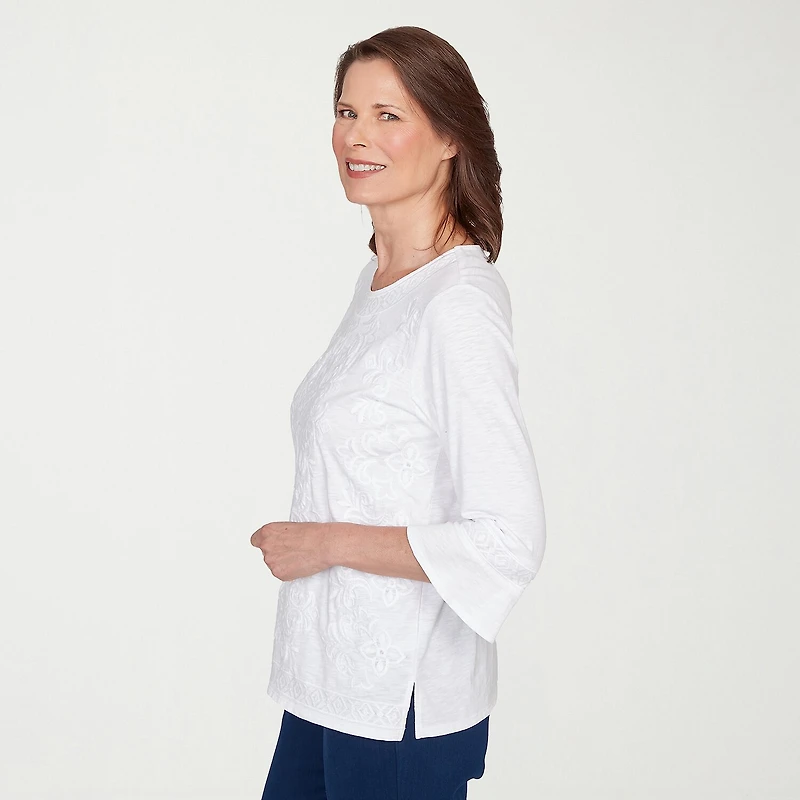 Alfred Dunner Mykonos Womens Crew Neck 3/4 Sleeve T-Shirt