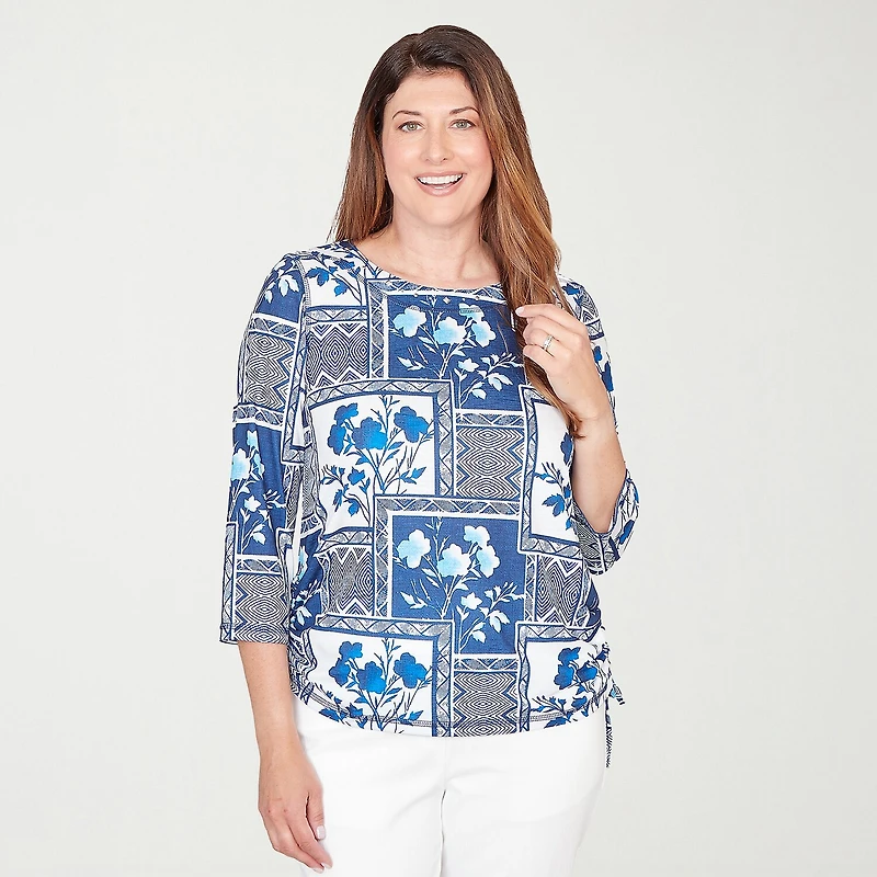 Alfred Dunner Mykonos Womens Crew Neck 3/4 Sleeve T-Shirt