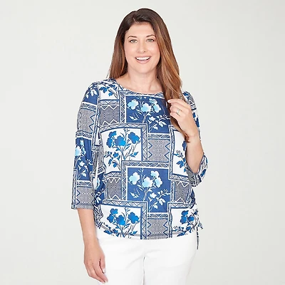 Alfred Dunner Mykonos Womens Crew Neck 3/4 Sleeve T-Shirt