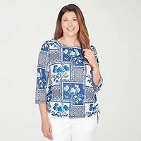 Alfred Dunner Mykonos Womens Crew Neck 3/4 Sleeve T-Shirt