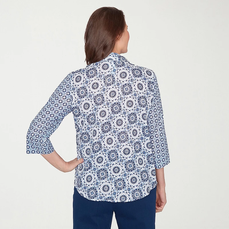 Alfred Dunner Mykonos Womens Cuffed 3/4 Sleeve Regular Fit Button-Down Shirt