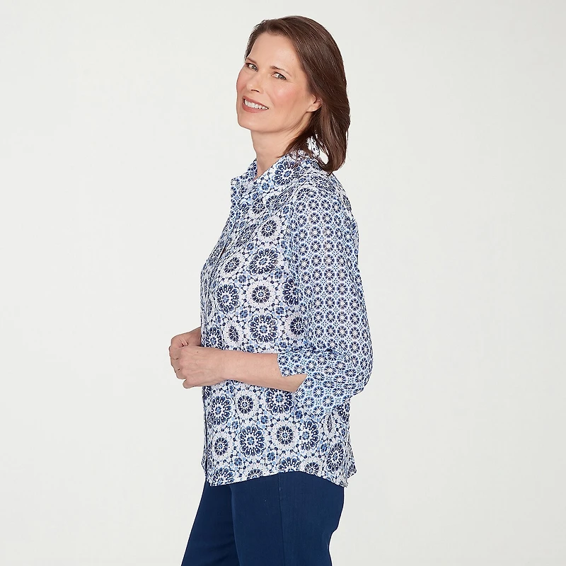 Alfred Dunner Mykonos Womens Cuffed 3/4 Sleeve Regular Fit Button-Down Shirt