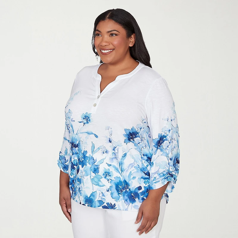 Alfred Dunner Mykonos Womens Plus Y Neck 3/4 Sleeve T-Shirt