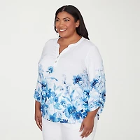 Alfred Dunner Mykonos Womens Plus Y Neck 3/4 Sleeve T-Shirt