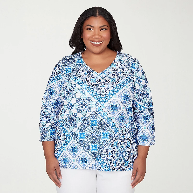 Alfred Dunner Mykonos Womens Plus V Neck 3/4 Sleeve T-Shirt