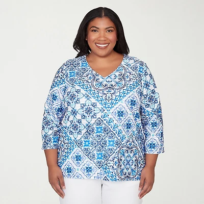 Alfred Dunner Mykonos Womens Plus V Neck 3/4 Sleeve T-Shirt