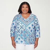 Alfred Dunner Mykonos Womens Plus V Neck 3/4 Sleeve T-Shirt