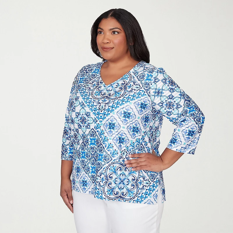 Alfred Dunner Mykonos Womens Plus V Neck 3/4 Sleeve T-Shirt