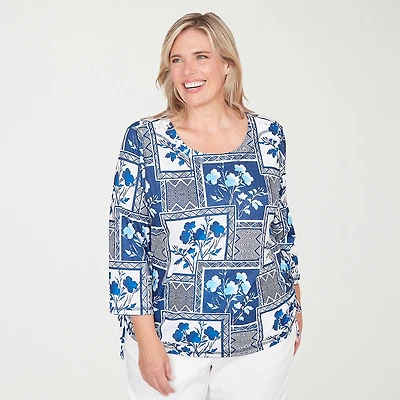 Alfred Dunner Mykonos Womens Plus Crew Neck 3/4 Sleeve T-Shirt