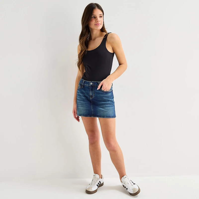 Arizona Womens Juniors Mid Rise Midi Denim Skirt