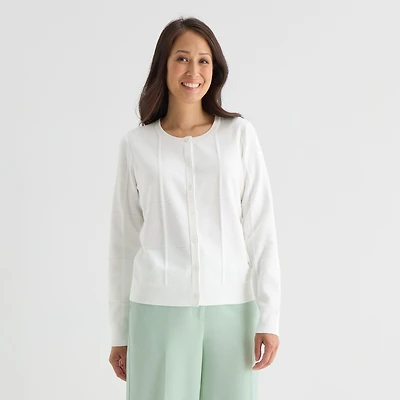 Liz Claiborne Womens Crew Neck Long Sleeve Button Cardigan
