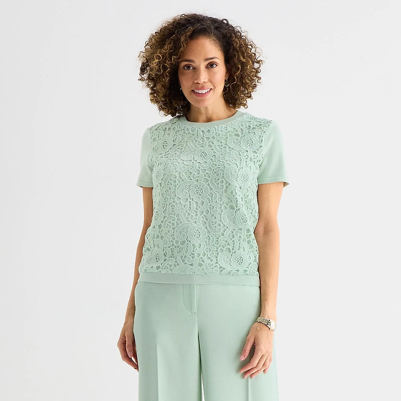 Liz Claiborne Lace Womens Crew Neck Short Sleeve Pullover Sweater