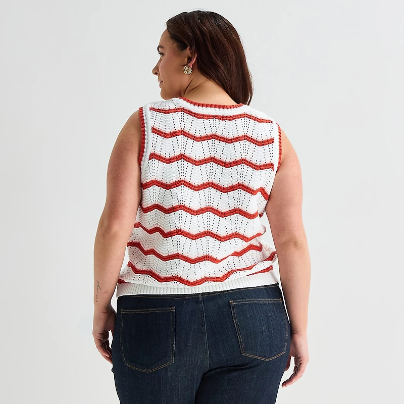 St. John's Bay Plus Womens Crew Neck Sleeveless Chevron Pullover Sweater
