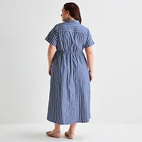 St. John's Bay Womens-Plus Short Sleeve Midi Shirt Dress