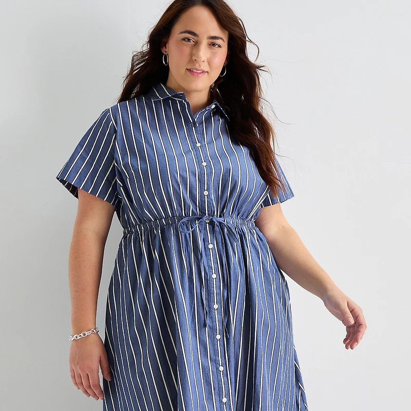 St. John's Bay Womens-Plus Short Sleeve Midi Shirt Dress