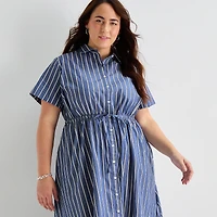 St. John's Bay Womens-Plus Short Sleeve Midi Shirt Dress