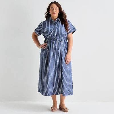 St. John's Bay Womens-Plus Short Sleeve Midi Shirt Dress
