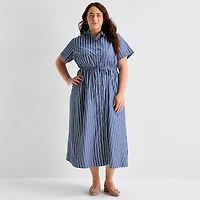 St. John's Bay Womens-Plus Short Sleeve Midi Shirt Dress