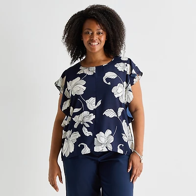 Liz Claiborne Womens Plus Crew Neck Short Sleeve Blouse