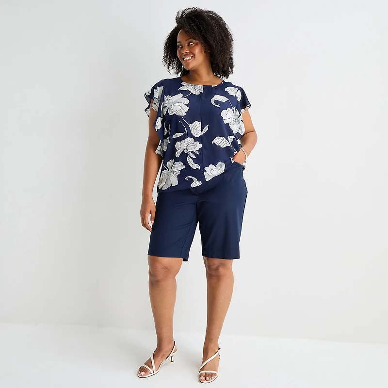Liz Claiborne Womens Plus Crew Neck Short Sleeve Blouse