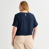 Liz Claiborne Womens Plus Round Neck Short Sleeve Blouse