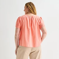 Liz Claiborne Womens Plus Keyhole Neck Short Sleeve Blouse